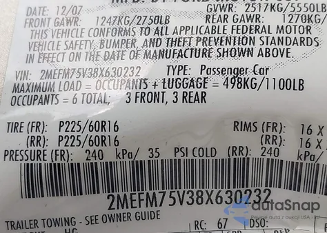 2008 Mercury Grand Marquis Ls z USA, uszkodzony, nr VIN 2MEFM75V38X630232